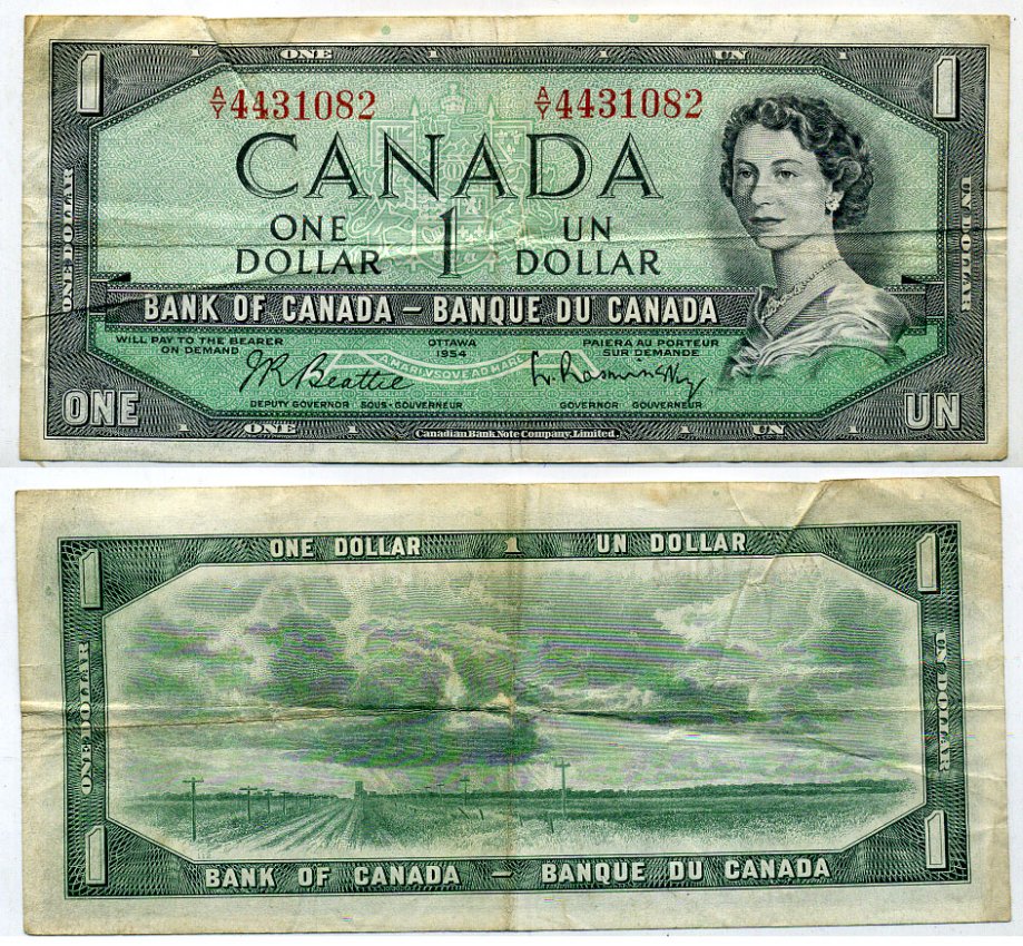 Канада 1 доллар 1954 ПОДПИСИ BEATTIE & RASMINSKY, BABNC Pick 75 b бумага 7457-48-1-1