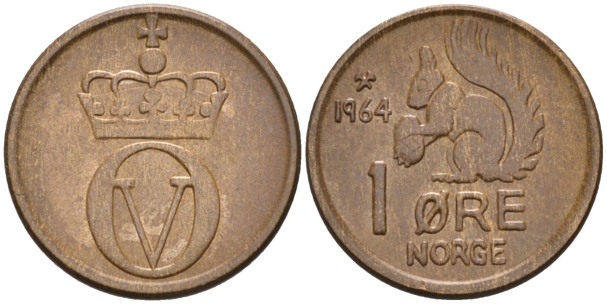 Норвегия 1 эре 1964 белка, Улаф V (1958-1991) KM 403 бронза аUNC 4580-944