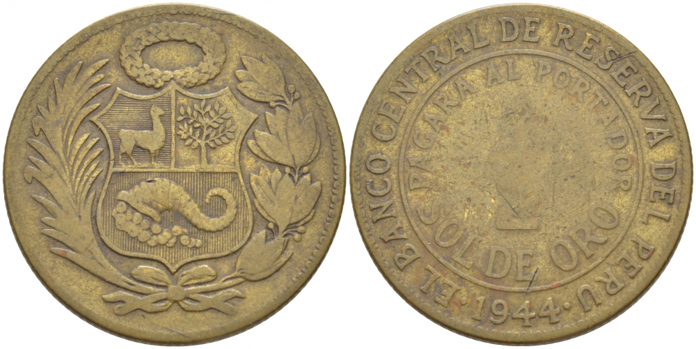 ПЕРУ 1/2 СОЛЬ 1944 KM 220.5 латунь 216-1015