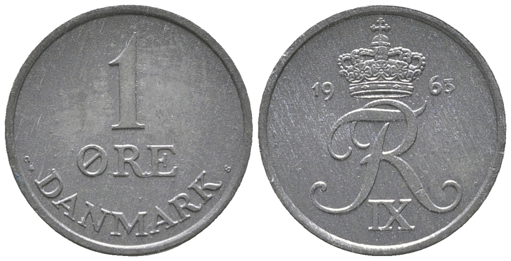 ДАНИЯ 1 ЭРЕ 1963 C; S, ФРЕДЕРИК IX (1947-1972) KM 839.2 цинк UNC 100-1131