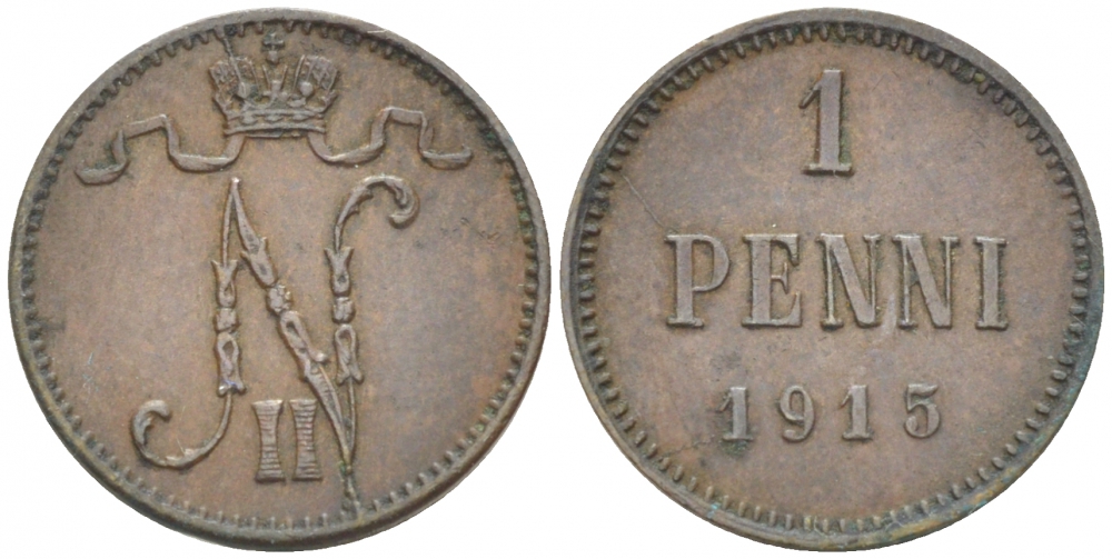 РОССИЯ ДЛЯ ФИНЛЯНДИИ 1 ПЕННИ 1915 НИКОЛАЙ II KM 13, Биткин 475 медь 261-1145