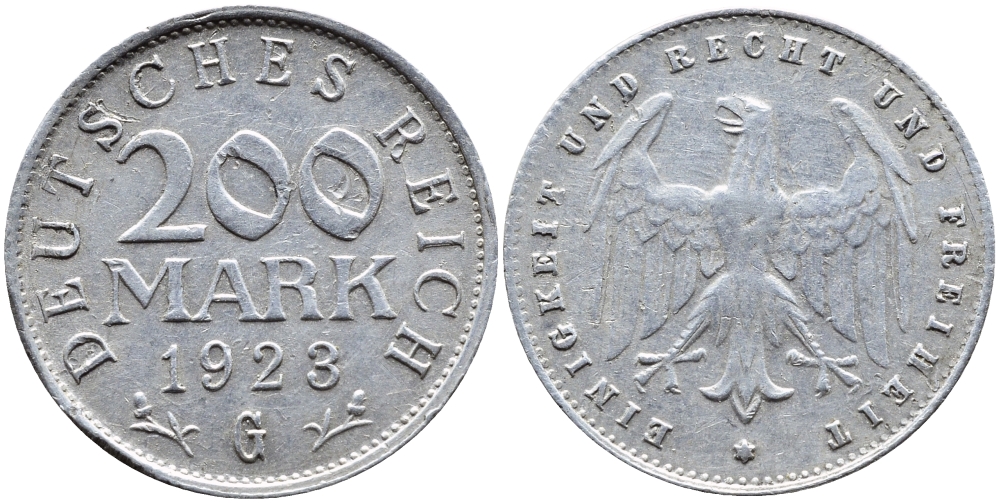 ГЕРМАНИЯ 200 МАРОК 1923 G KM 35, J. 304 алюминий 4390-933