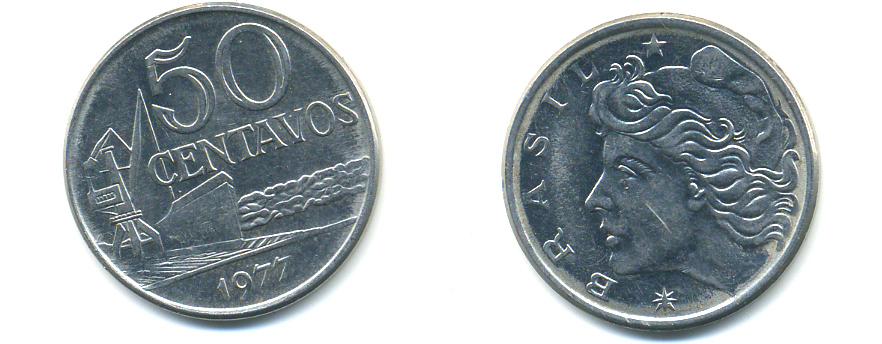 Бразилия 50 сентаво 1977 голова свободы влево KM 580b нержавеющая сталь UNC 86-1047
