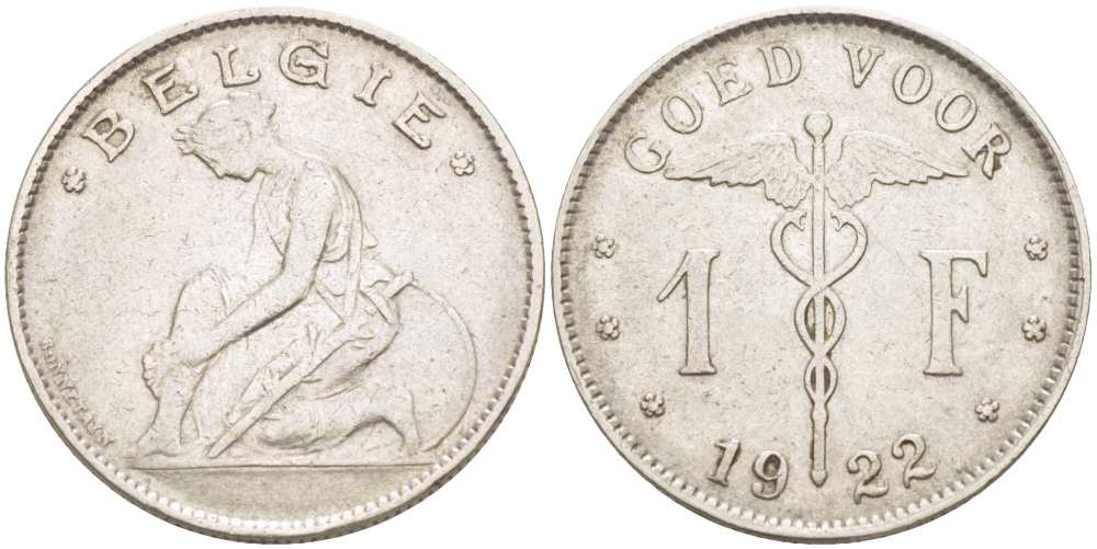 БЕЛЬГИЯ 1 ФРАНК 1922 BELGIE KM 90 никель 210-1055