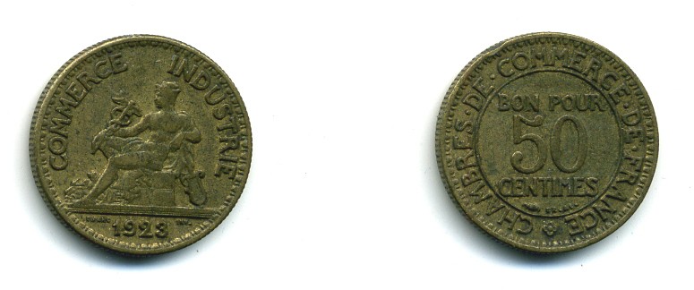 ФРАНЦИЯ 50 САНТИМОВ 1923 CHAMBRES DE COMMERCE KM 834, LE FRANC 191.6 алюминиевая бронза 84-365