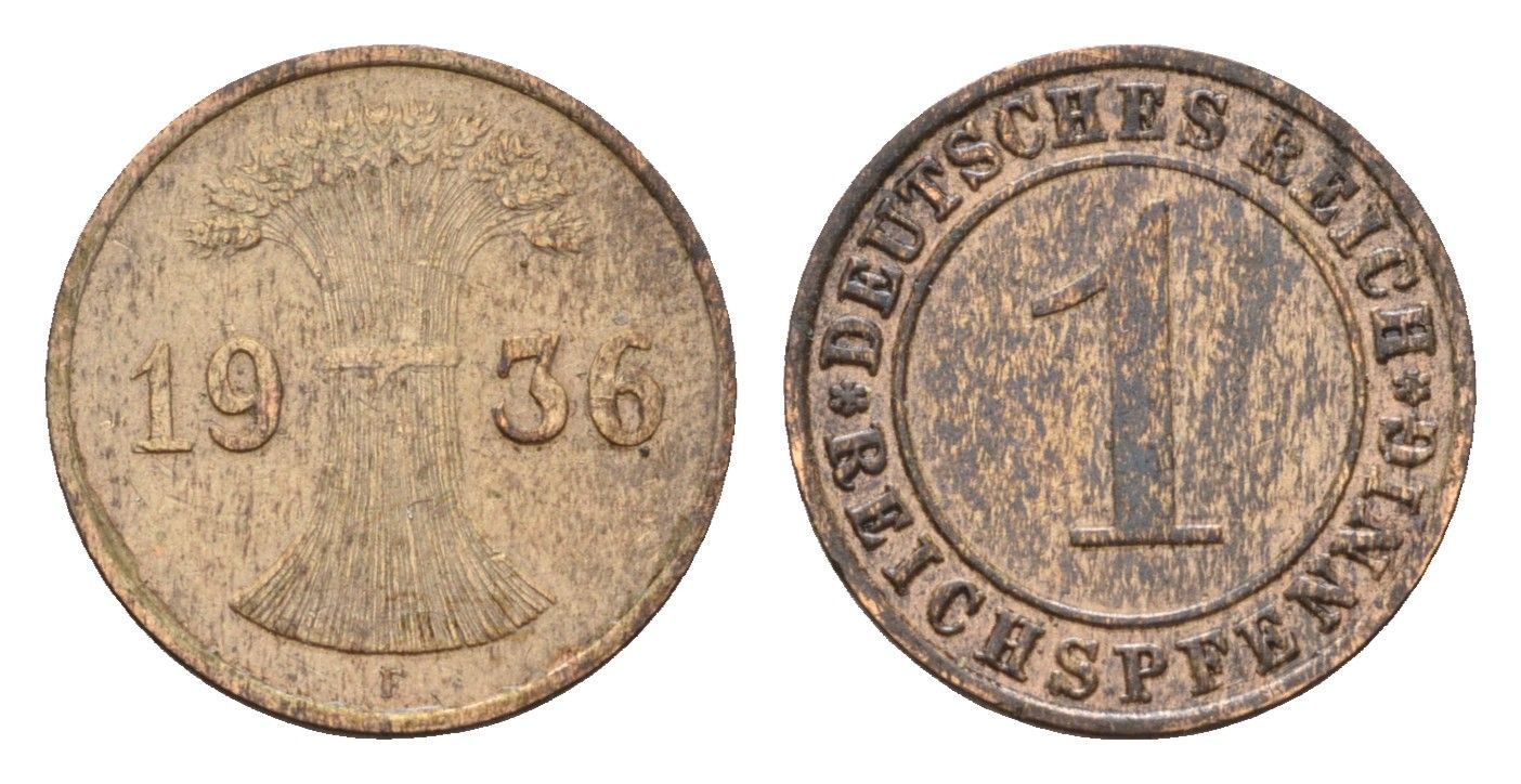 Германия 1 рейхспфенниг 1936 F KM 37, J. 313 бронза 4630-1036