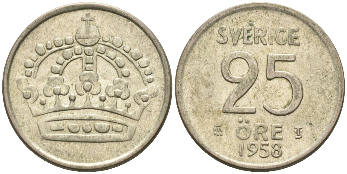 Швеция 25 эре 1958 Густав VI Адольф (1950-1973) KM 824 серебро 4585-461