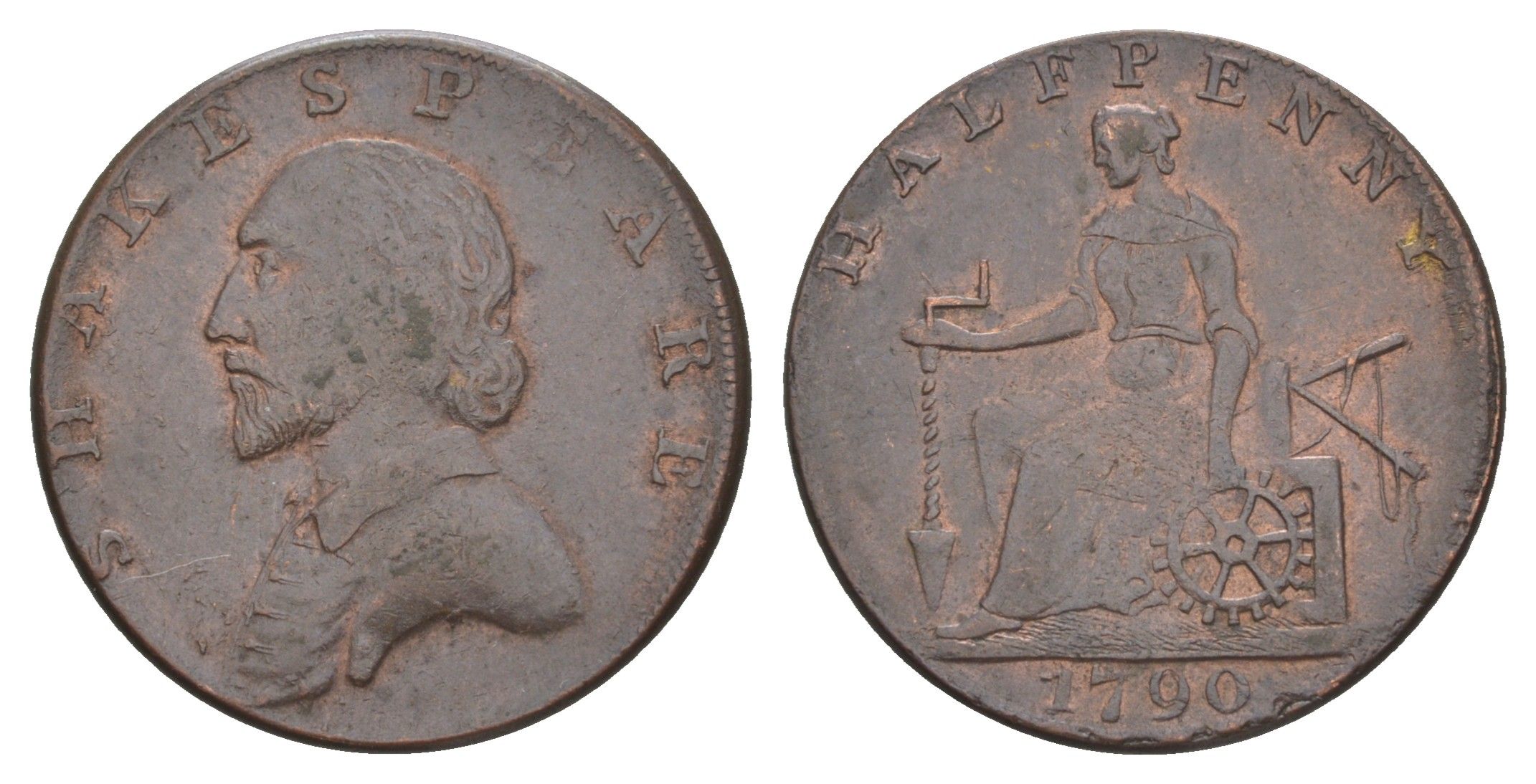 Великобритания, Уорвикшир, Стратфорд-на-Эйвоне 1/2 пенни 1790 Уильям Шекспир, токен, гладкий гурт Dalton & Hamer 327f медь 3711-215