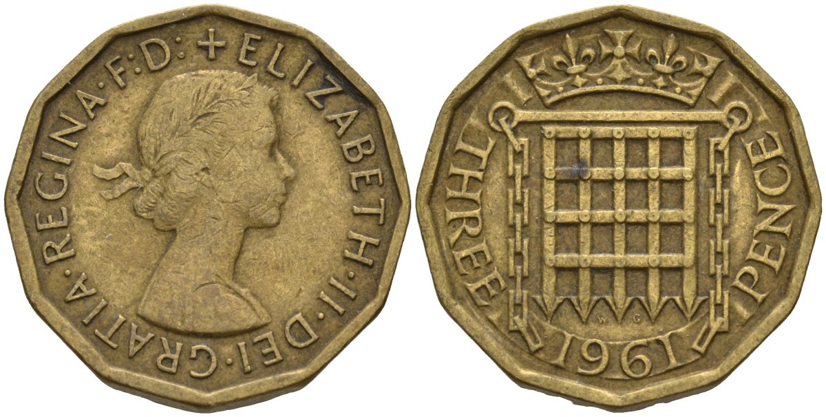 Великобритания 3 пенса 1961 Елизавета II (1952-2022) KM 900, Spink 4153 никель латунь 4146-346