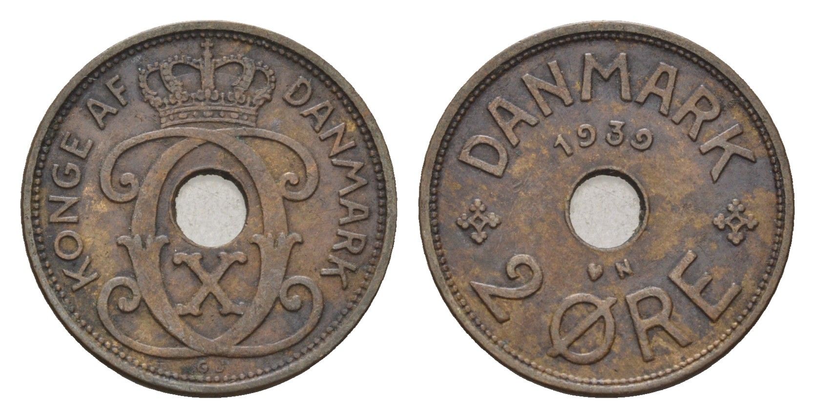 Дания 2 эре 1939 N, Кристиан X (1912-1947) KM 827 бронза 4701-918