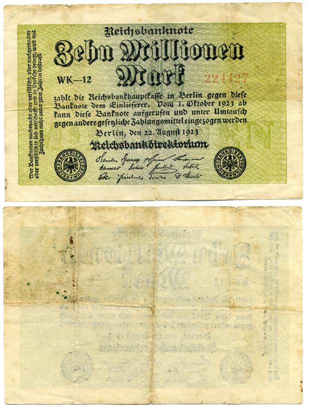 ГЕРМАНИЯ 10000000 МАРОК 1923 22 АВГУСТА 1922, ВОДЯНОЙ ЗНАК Е, G/D В ЗВЁЗДАХ Pick 106а бумага 6262-2-2-2