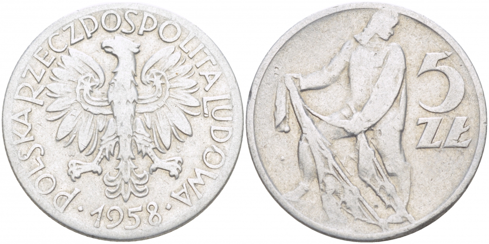 ПОЛЬША 5 ЗЛОТЫХ 1958 MW, РЫБАК KM 47 алюминий 4517-746