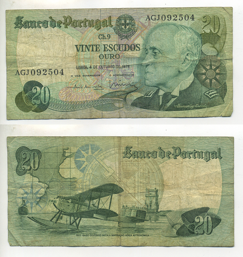 Португалия 20 эскудо 1978 Гагу Коутинью, биплан Fairey III III-MKII Pick 176 b бумага 7552-38-2