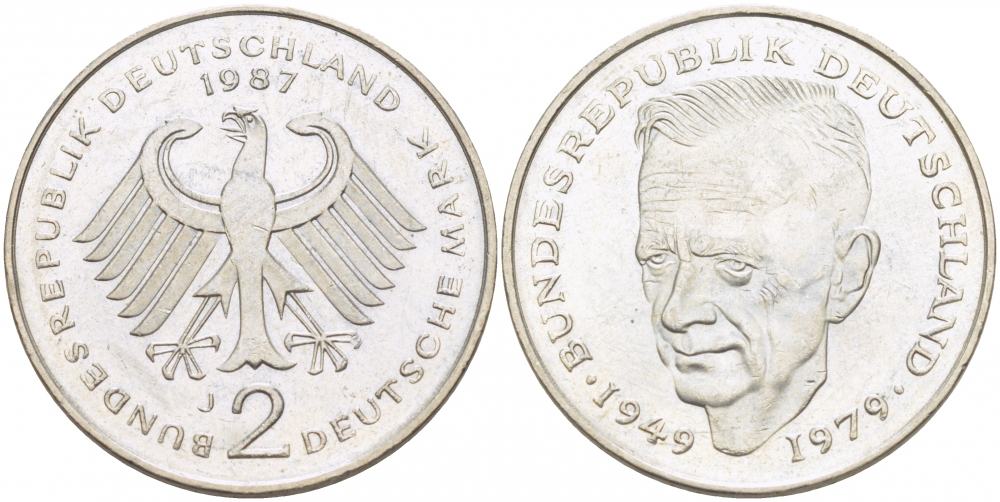 ФРГ 2 МАРКИ 1987 J, КУРТ ШУМАХЕР KM 149, J. 424 медно-никель плакированный никелем 3718-951