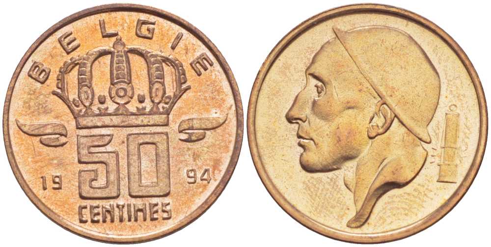 БЕЛЬГИЯ 50 САНТИМОВ 1994 BELGIE, БОДУЭН I (1951-1993) KM 149.1 бронза 214-663