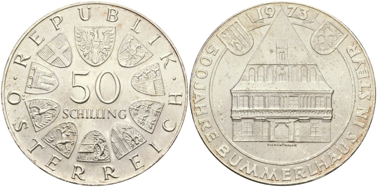 Австрия 50 шиллингов 1973 500 лет готическому дому в Штайре, Bummerlhaus KM 2916 серебро UNC 04-323-32