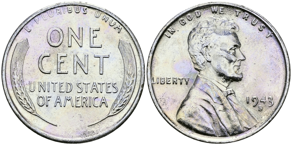 США 1 цент 1943 S (Сан-Франциско), Авраам Линкольн KM 132 a сталь плакированная цинком 94-1137