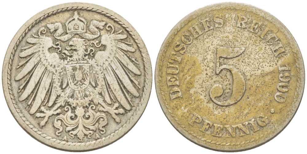 ГЕРМАНИЯ 5 ПФЕННИГОВ 1900 A KM 11, J. 12, Weege 6 медно-никель 206-926
