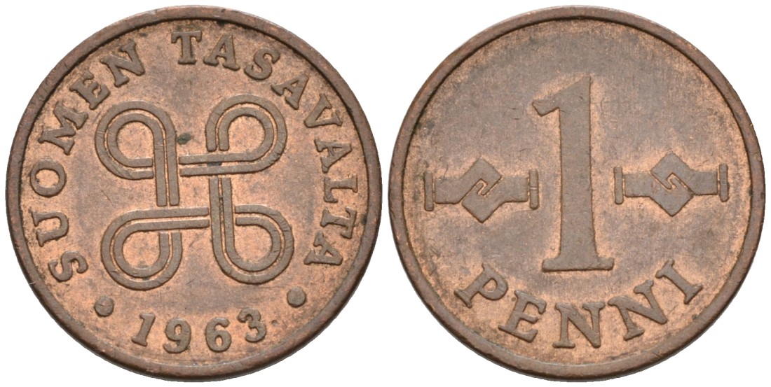 Финляндия 1 пенни 1963 первый год KM 44 медь 192-1235