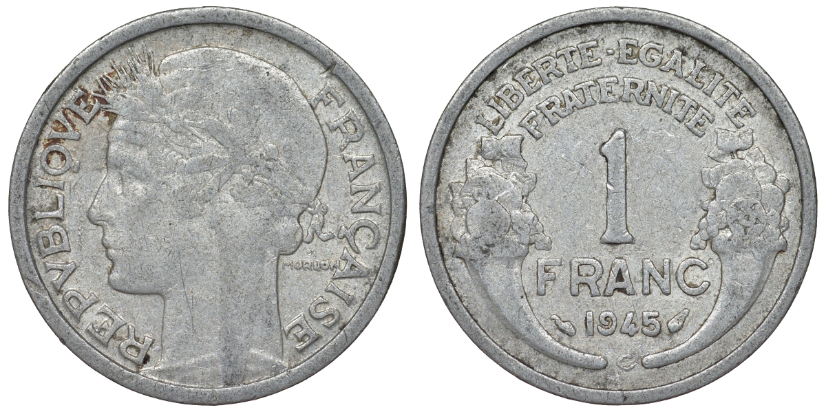 ФРАНЦИЯ 1 ФРАНК 1945 С KM 885а.3 алюминий 71-1112