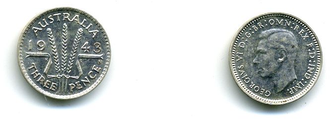 АВСТРАЛИЯ 3 ПЕННИ 1943 S ГЕРГ VI серебро UNC 7-5-26-15