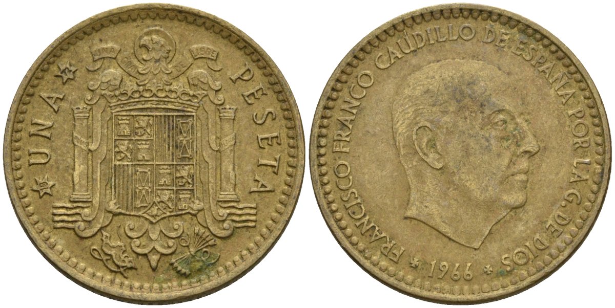 Испания 1 песета 1966 (72) Франсиско Франко (1939-1975) KM 796 алюминиевая бронза 4604-114