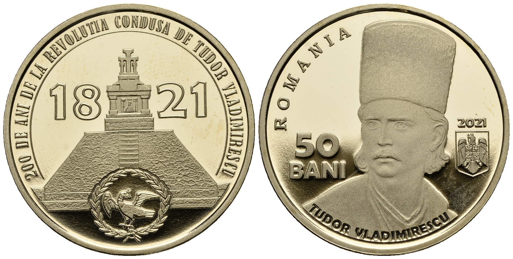 Румыния 50 бани 2021 200 лет со дня Валашского восстания 1821 года, Тудор Владимиреску KM NEW никель латунь  PROOF  M56-18