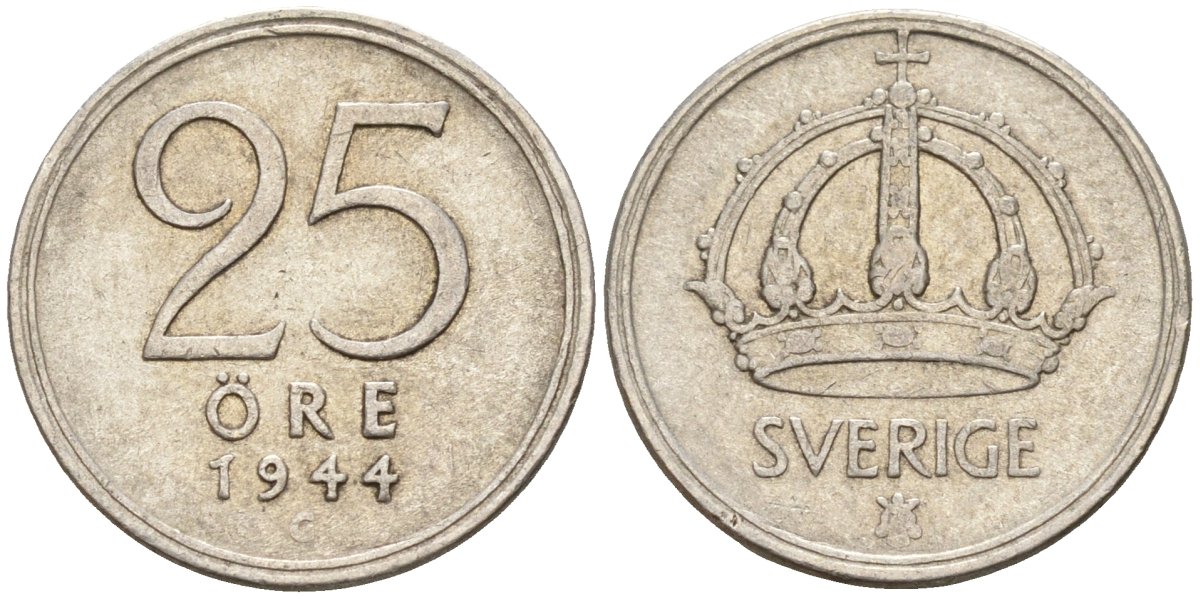 Швеция 25 эре 1944 G, Густав V (1907-1950) KM 816 серебро 4147-959