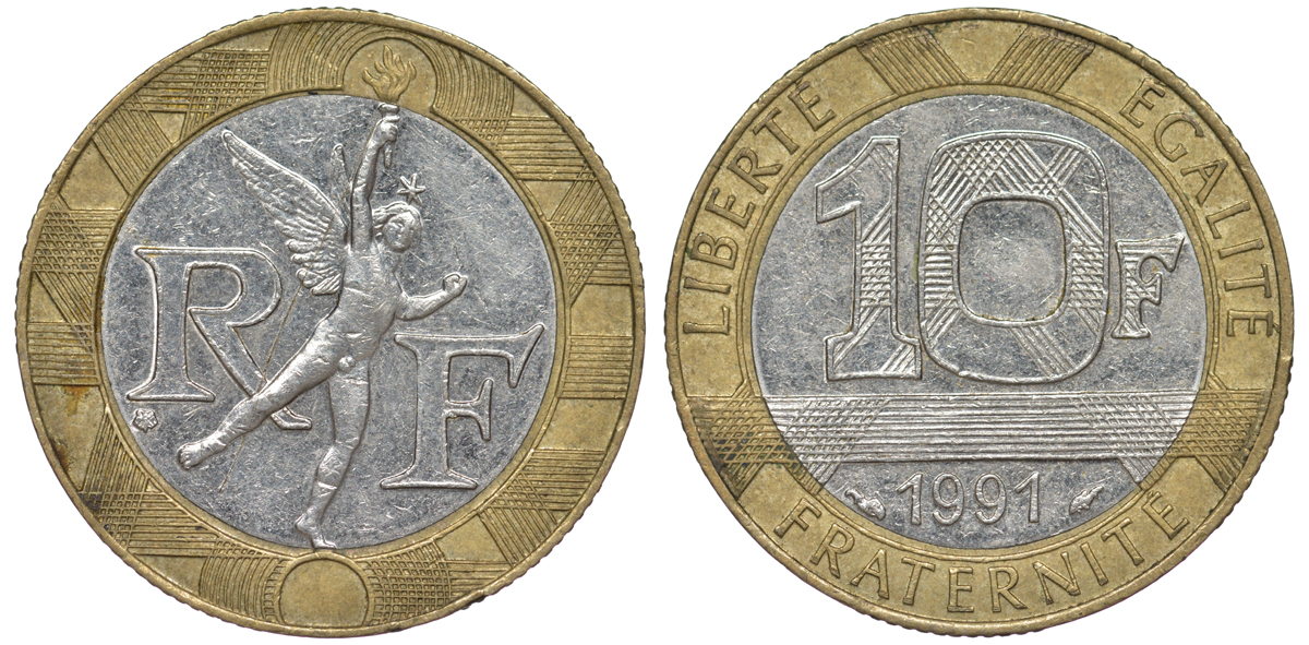 Франция 10 франков 1991 тип гений Бастилии KM 964.1, Le Frank 375.6 биметалл 45-831