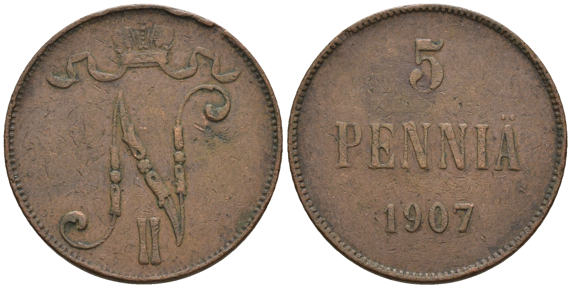 Россия для Финляндии 5 пенни 1907 Николай II (1894-1917) KM 15, Биткин 448 медь 259-1134