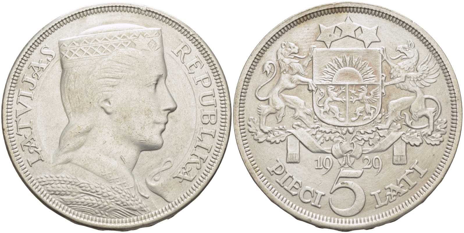 Латвия 5 латов 1929 девушка KM 9 серебро 3896-1435