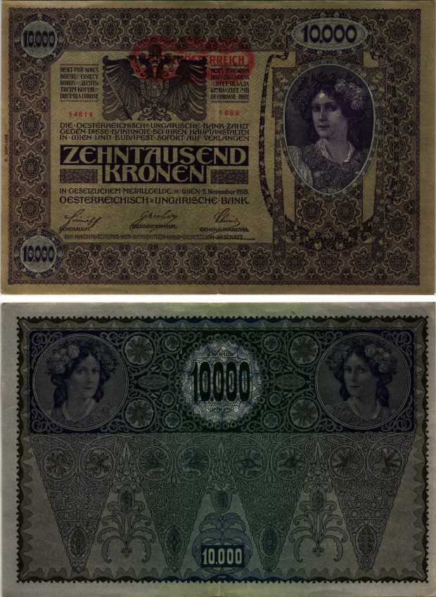 АВСТРИЯ 10000 КРОН 1919 КРАСНАЯ ГОРИЗОНТАЛЬНАЯ НАДПЕЧАТКА НА 1918, II AUFLAGE Pick 66 бумага 8607-7-1
