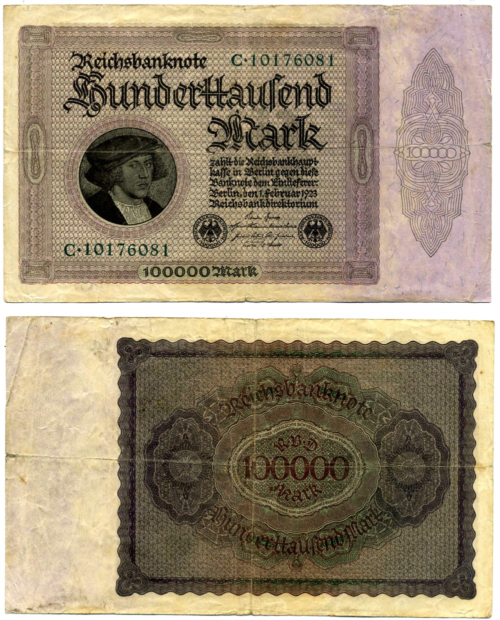 Германия 100000 марок 1923 1 ФЕВРАЛЯ 1923, выпуск (МАРТ 1923-5 июля 1925), НОМЕР ВОСЬМИЗНАЧНЫЙ, серия С 10176081 Pick 83, Роземберг 82а бумага 2194-10-1-1