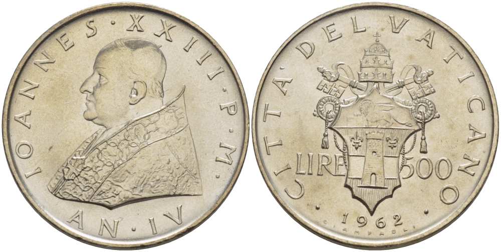 Ватикан 500 лир 1962 IV год, Иоанн XXIII (1958-1963) KM 65.2 серебро    4512-812
