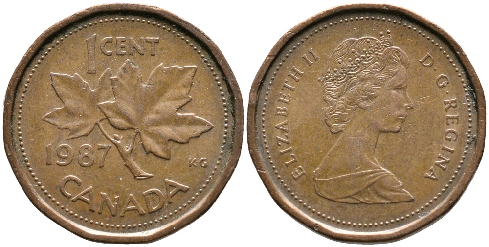 Канада 1 цент 1987 Елизавета II (1952-2022), кленовый лист KM 132 бронза 4528-756