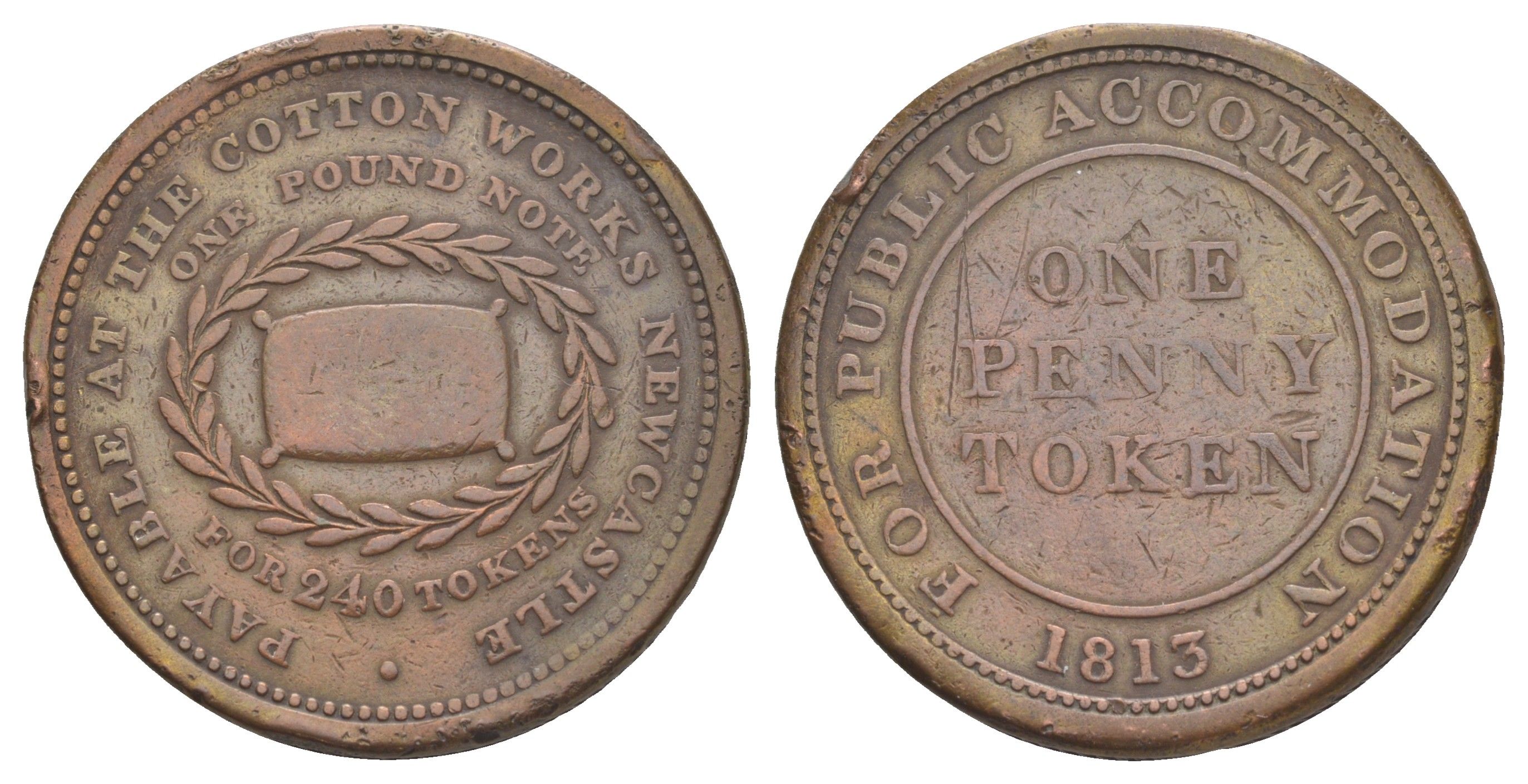 Великобритания, Стаффордшир, Ньюкасл-андер-Лайм 1 пенни 1813 Д.Д. Томсон, гурт шнур влево, токен Withers 900 медь 3711-441