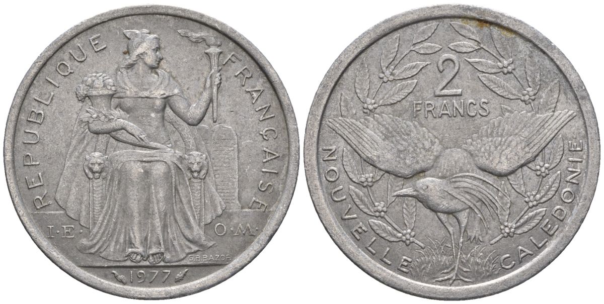 Французская Новая Каледония 2 франка 1977 птица кагу, (IEOM) KM 14, Schoen 11, Lec 58 алюминий    08-834