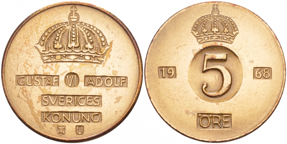Швеция 5 эре 1968 U Густав VI Адольф (1950-1973) KM 822 бронза 4548-424