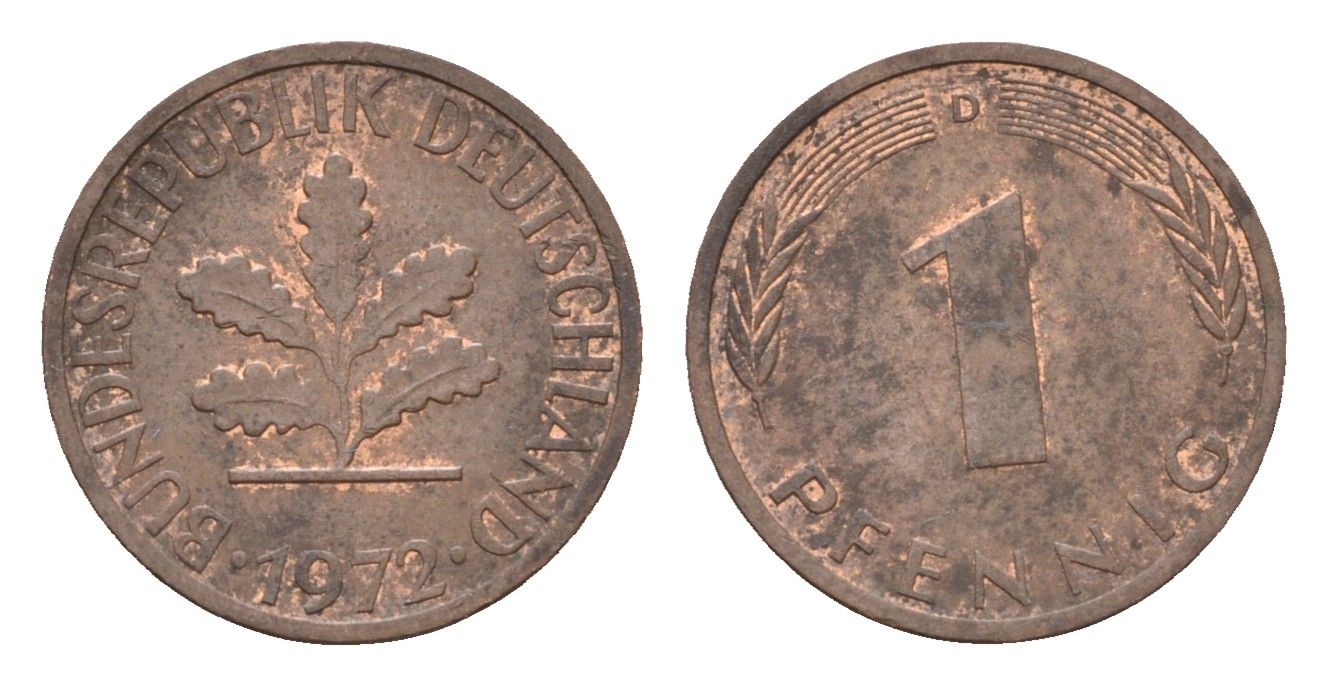 ФРГ 1 пфенниг 1972 D KM 105, J.380 сталь плакированная медью 4618-625