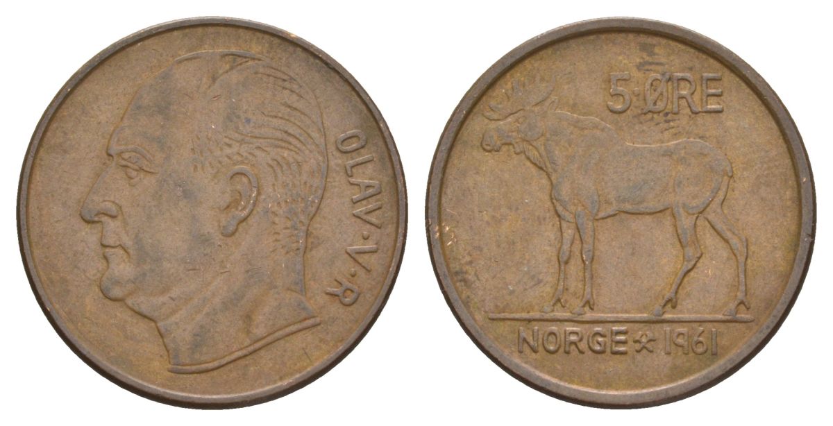 Норвегия 5 эре 1961 Улаф V (1957-1991) KM 405 бронза 4635-555
