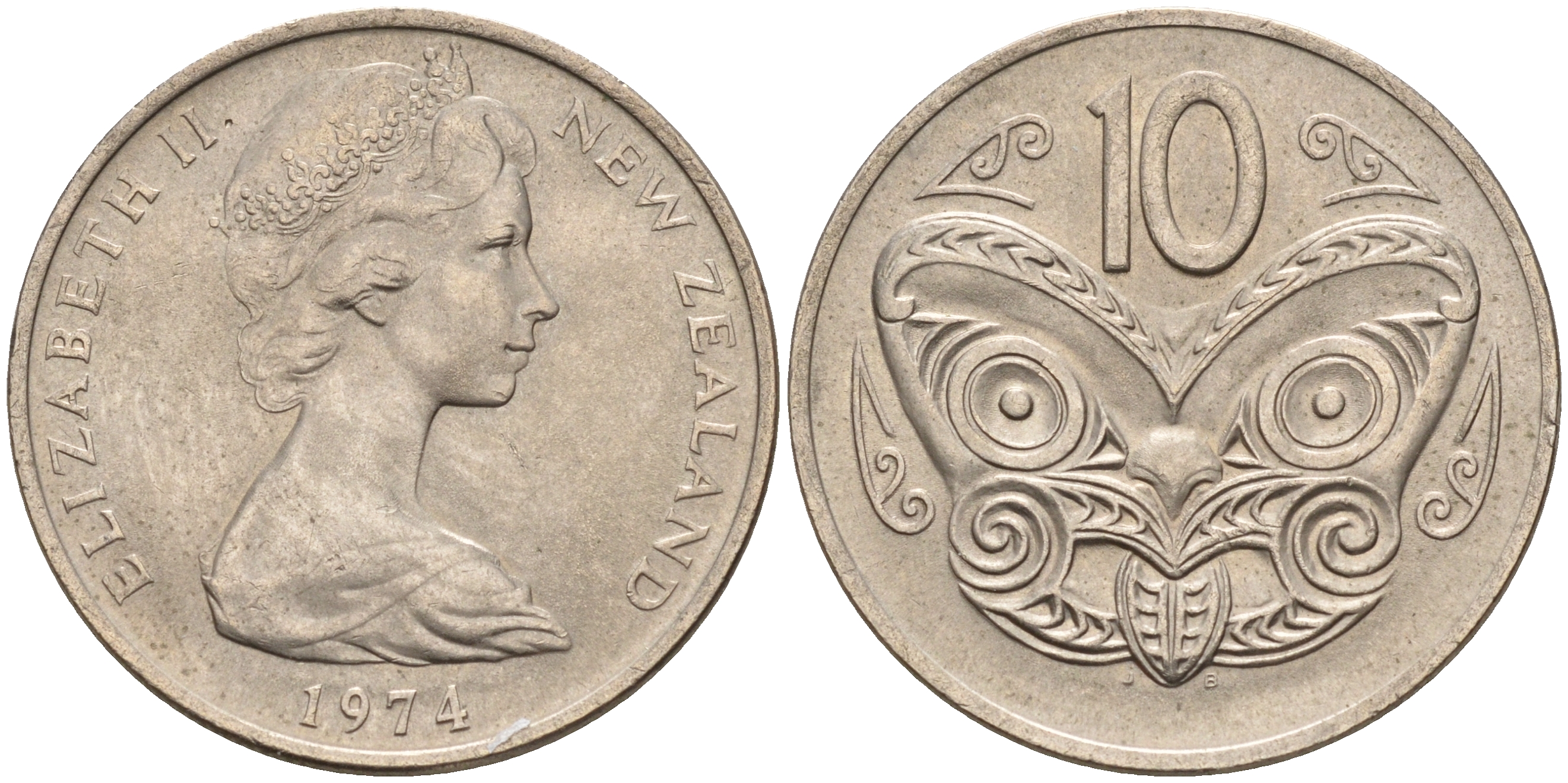 Новая Зеландия 10 центов 1974 Елизавета II (1952-2022), маска маори KM 41.1 медно-никель    4603-251