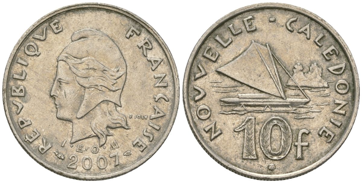 Французская Новая Каледония 10 франков 2007 рыбачья парусная лодка, (IEOM) KM 11a, Schoen 13a, Lec 99k медно-никель 58-1111