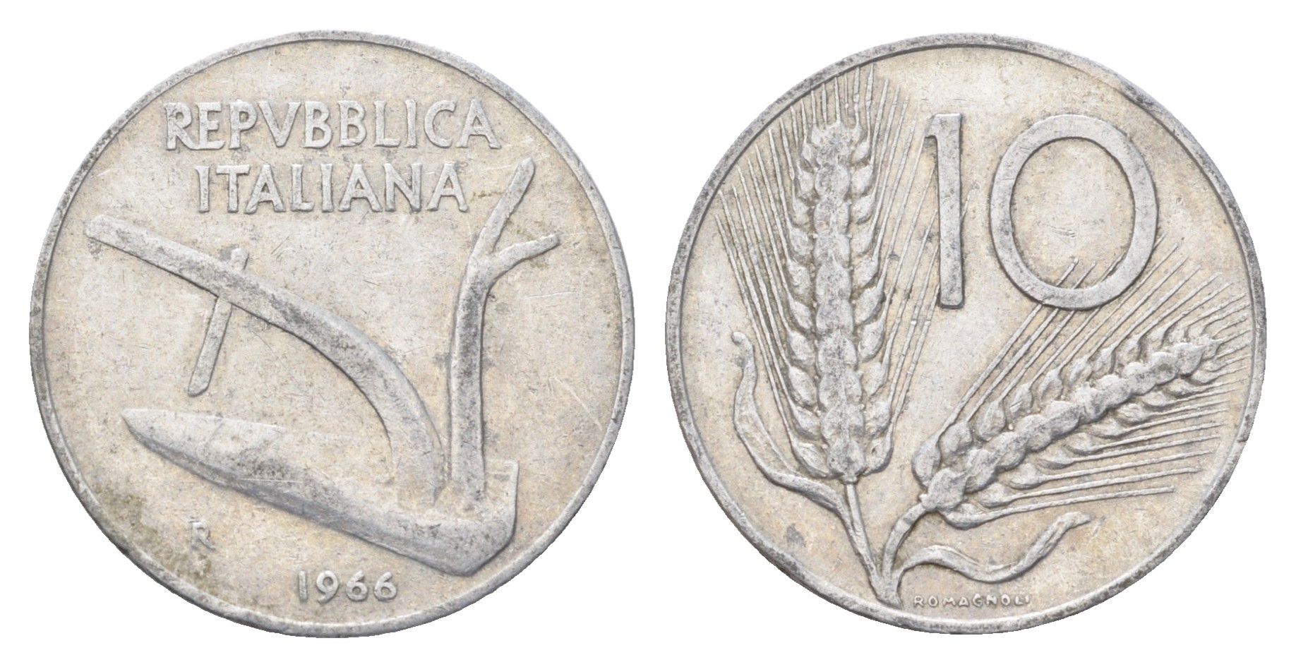 Италия 10 лир 1966 R, плуг, колосья KM 93 алюминий 4704-535