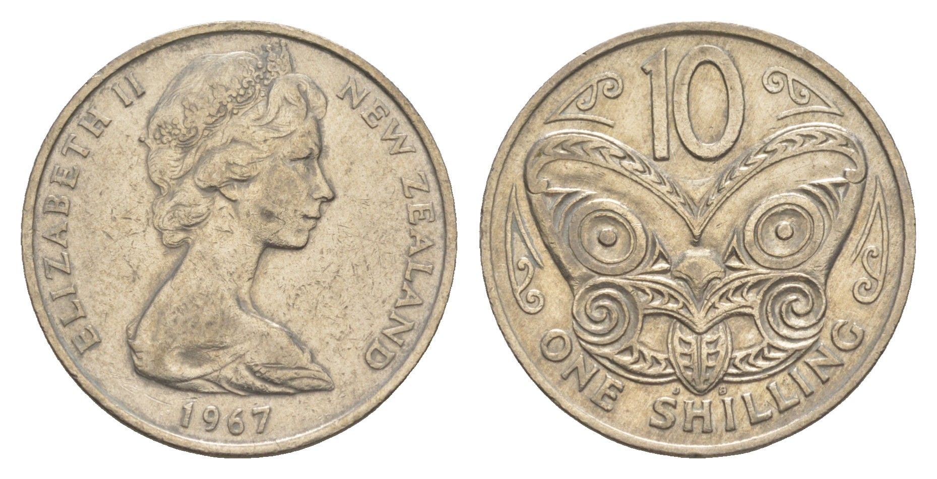 Новая Зеландия 10 центов 1967 Елизавета II (1952-2022), маска маори KM 35 медно-никель 4652-632