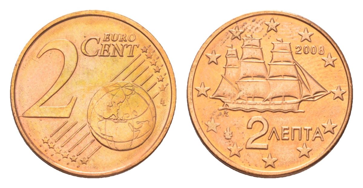 Греция 2 евроцента 2008 KM 182 сталь плакированная медью UNC 4627-1131