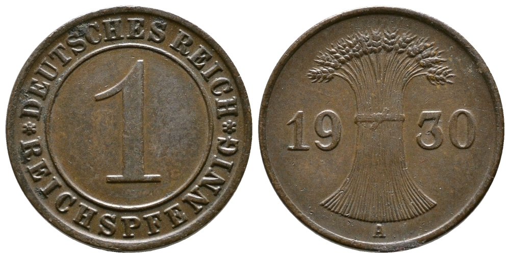 ГЕРМАНИЯ 1 РЕЙХСПФЕННИГ 1930 A KM 37, J. 313 бронза 4380-1217