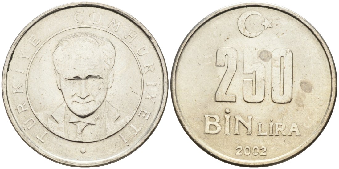 Турция 250000 лир 2002 Кемаль Ататюрк KM 1137 медь никель цинк UNC 4573-916