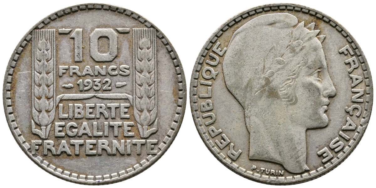 Франция 10 франков 1934 Пьер Тюрен KM 878, Le Franc 360.7 серебро 93-347