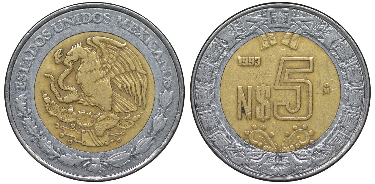 Мексика 5 новых песо 1993 Мо KM 552 биметалл 4122-437