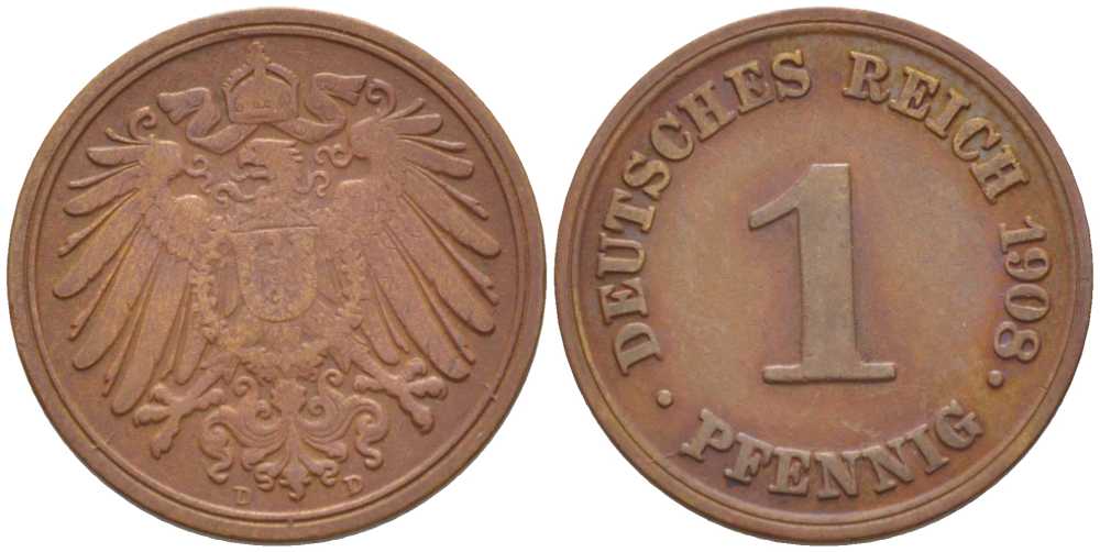 ГЕРМАНИЯ 1 ПФЕННИГ 1908 D KM 10, J. 10, Weege 2 медь 211-368